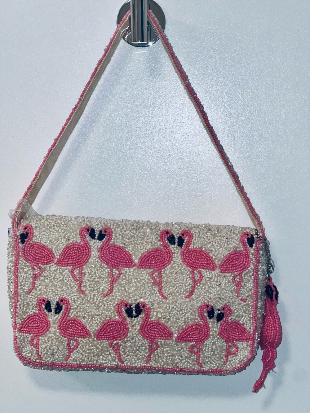 Pink Flamingo Beaded Top-Handle Bag White Sequins Viral Novelty India New - Picture 6 of 8